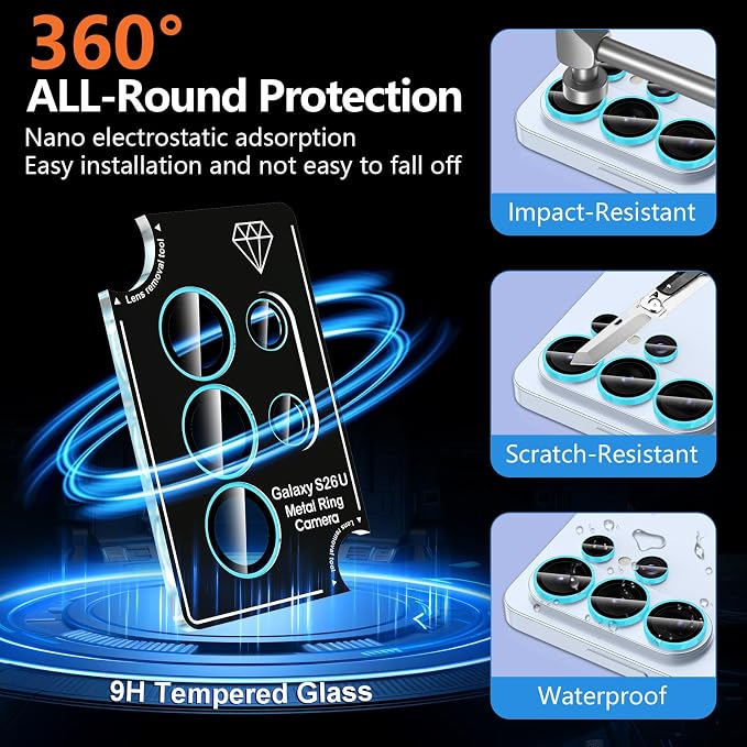 for Samsung Galaxy S26 Ultra Camera Lens Protector, Individual Metal Ring Tempered Glass Lens Cover, [Strong Adsorption] Scratch Resistant Ultra-Thin HD Clear Lens Cover, 1 Set-Blue Shine - Image 4
