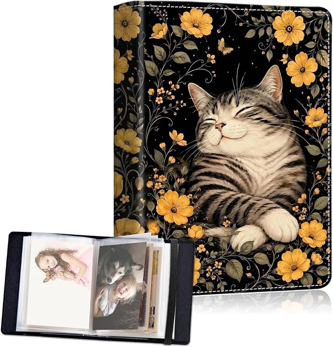 Small Photo Album 4x6, 60 Pockets Holds 120 Photos, Slip-in Pocket Photo Storage Book with Black Elastic Band for Family Wedding Baby Travel Pictures, Cute Tabby Cat Yellow Wildflower by Unknown