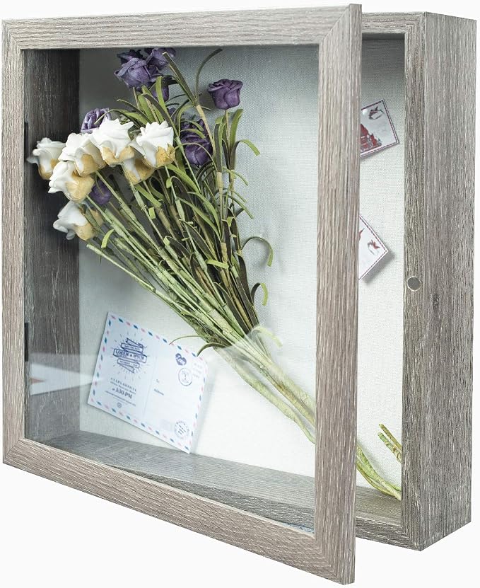 Muzilife 11x11 Shadow Box Picture Frame, 2.16 Deep, Real Glass,Texture Gray | FSC-Wood, Magnetic Door, Linen Interior & Pins, Vertical, Horizontal Wall Hanging, Display Case Frame for Photos & Keepsakes by Muzilife