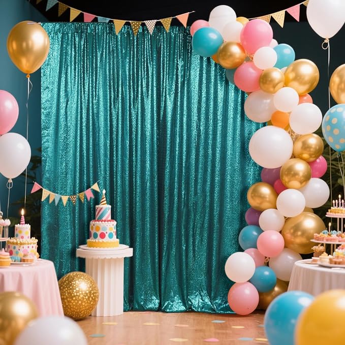 SquarePie 8x8ft Teal Sequin Backdrop, High Density Non-Transparent Glitter Curtain for Photography, Birthday, Wedding Party Decorations, Thick Solid Background with 4" Rod Pocket, 1 Panel - Image 2