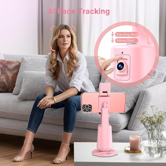 Auto Face Tracking Tripod 360° Rotating Cell Phone Photo and Video Kits Stand, No App, Camera Stand with Remote and Gesture Control, Rechargeable Smart Shooting Stand for Live Recording Tiktok（Pink） - Image 6