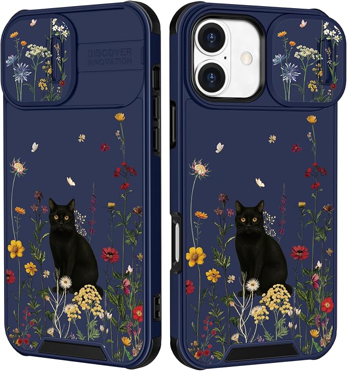 for iPhone 16 Case - Women Cute Phone Cover Girly Pretty Fancy Unique Aesthetic Design Slide Camera Cover Protective Case for Apple for iPhone 16,Black Cat by Goocrux