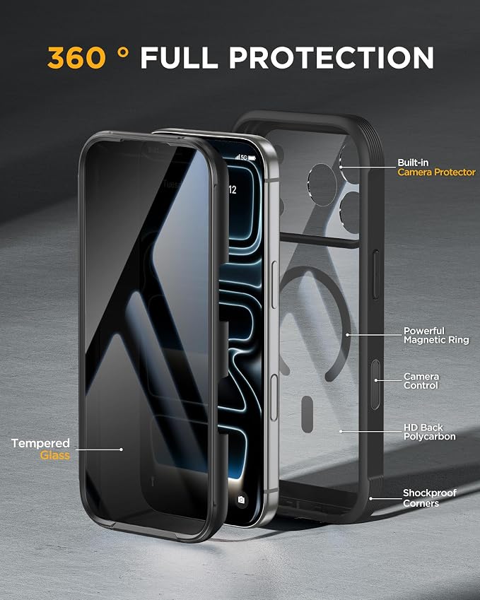 miracase for iPhone 17 Pro Privacy Series Case, Magsafe, Black | Built-in Privacy Screen Protector | 360° Full Protection | Colored Bezel & Clear Back | Shock-Absorbent | 6,3 Inch - Image 3