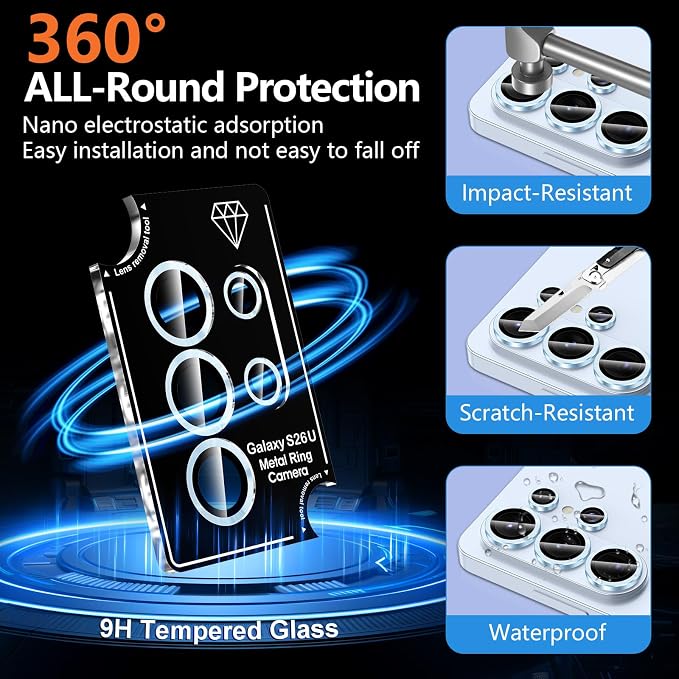 for Samsung Galaxy S26 Ultra Camera Lens Protector, Individual Metal Ring Tempered Glass Lens Cover, [Strong Adsorption] Scratch Resistant Ultra-Thin HD Clear Lens Cover, 1 Set-Blue - Image 2