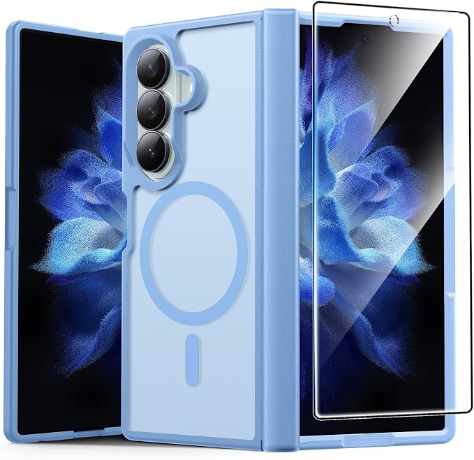 FNTCASE for Samsung Galaxy Z Fold 7 Case, Hinge Protection, Fit for Magsafe | with Screen Protector, Translucent Matte Magnetic Back, 18FT Military Grade Drop Proof, Protective Phone Cover, Light Blue by FNTCASE