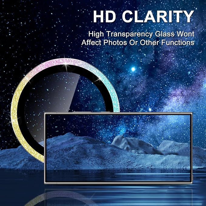 for Samsung Galaxy S24 Ultra Camera Lens Protector, Individual Metal Ring Tempered Glass Lens Cover, [Strong Adsorption] Scratch Resistant Ultra-Thin HD Clear Lens Cover,2 Set-Colorful Sparkly - Image 4