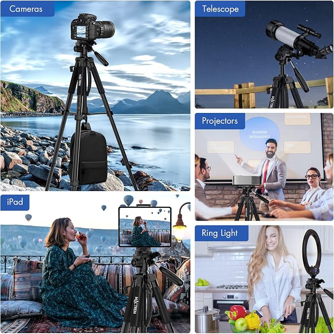 MACTREM 75in Aluminum Lightweight Travel Tripod for DSLR Camera Phone iPad | 3-Way Head 360° Rotation. With Phone iPad Mount, Bluetooth Remote. Stable Aluminum Stand for Video & Photography. - Image 4