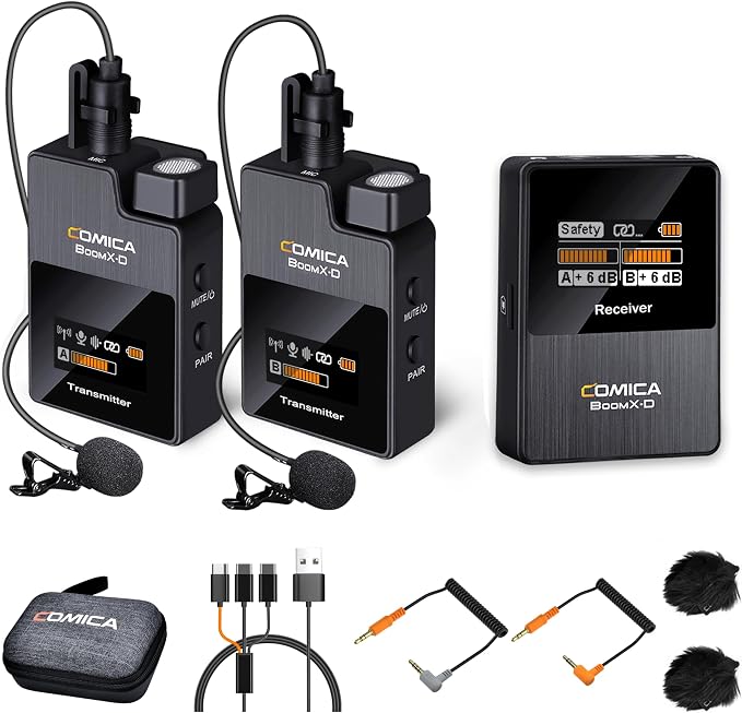 COMICA BoomX-D2 Dual Wireless Lavalier Microphone for iPhone Android Camera | Noise Cancellation, 656ft Stable Range, Safety Audio Track, Lapel Mic for YouTube, TikTok, Vlog, Interview, Video Recording by COMICA
