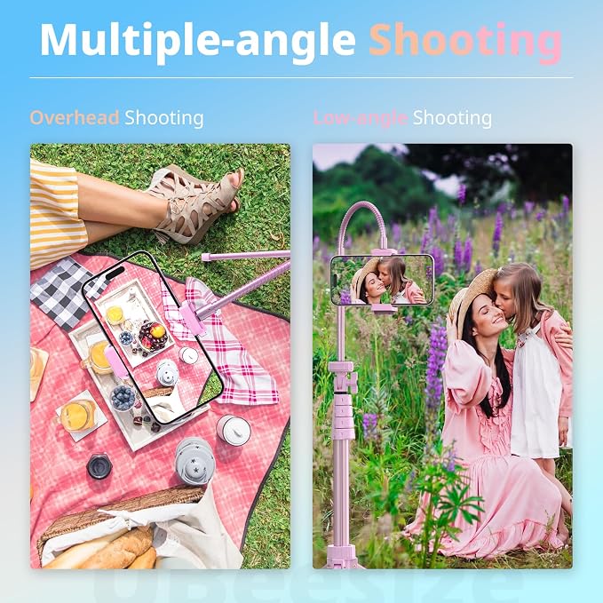 UBeesize 88’’ Flexible Phone Tripod with 14.95’’ Gooseneck, Remote and Phone Holder, Overhead Cell Phone Stand＆Selfie Stick for Video Recording, Compatible with iPhone Android Phone, Camera Pink - Image 3