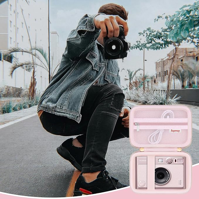 Carrying Case Compatible with Instax Mini EVO Instant Camera, INSTAX MINI EVO Camera Storage Holder Travel Bag with Mesh Pocket for Photos, USB Cables, Film, Pink - Image 7