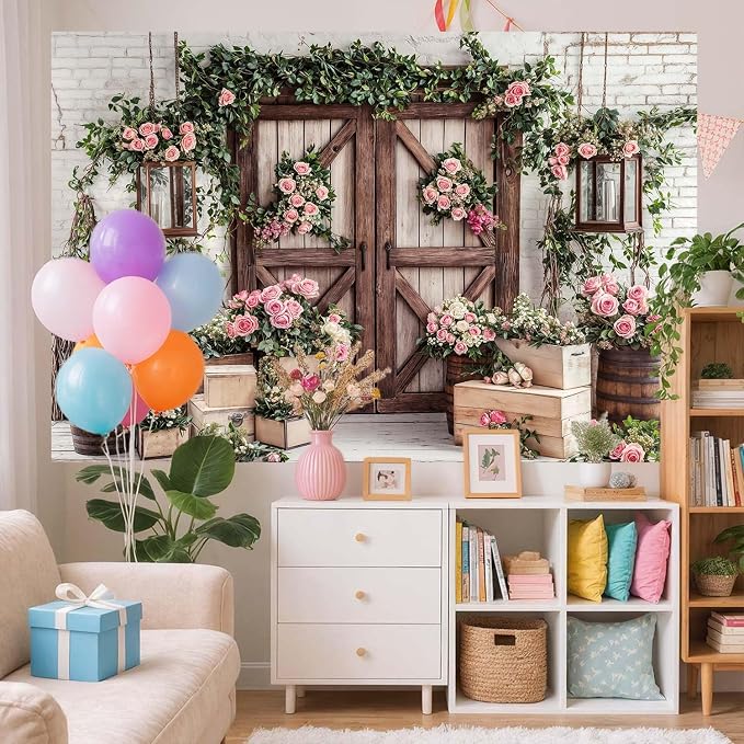 8x6ft Country Wedding Photography Backdrop Floral Rustic Roses Farmhouse Wooden Door Backdrop Pink Flower Birthday Baby Shower Wedding Bridal Party Banner Photo Booth Props Anniversary Background - Image 4