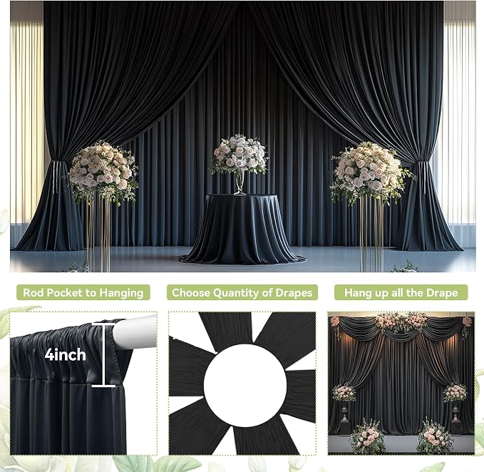 10x12 ft Black Backdrop Curtains for Weddings Parties, Birthdays and Photos | 2 Panels 5x12 ft, Wrinkle-Free Polyester Drapes, Washable, Ironable, 4 in Rod Pocket for Baby Showers Photography Background - Image 8