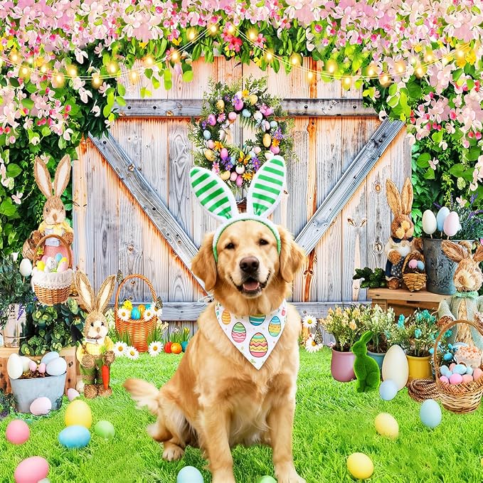 Easter Photo Backdrop for Photography, 7x5ft | Spring Wall Background for Photoshoot, Green Grass, Bunny Eggs, Rustic Barn Door, for Outdoor, Family Party Decorations - Image 3