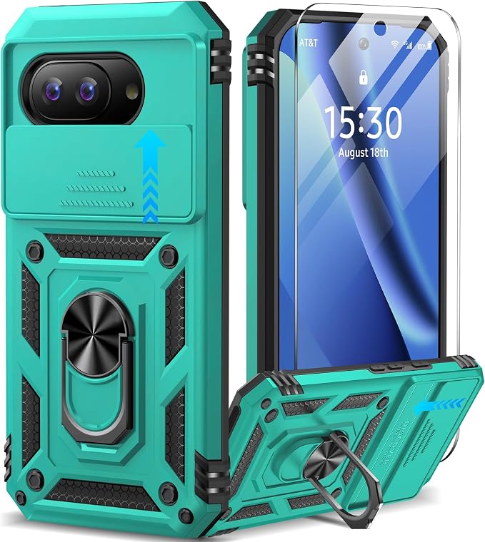 Taisairu for Google Pixel 10A Case with Screen Protector & Slide Camera Lens Cover,Built-in 360°Rotate Magnetic Ring Stand Shockproof Protective Phone Case for Google Pixel 10A Case (Mint Green) - Image 9