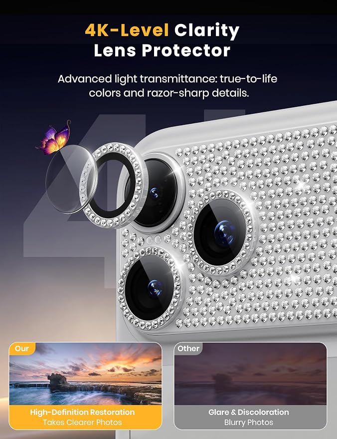 Hoerrye for iPhone 17 Pro Max Camera Lens Protector - Bling Diamond | Military Grade Protection, Keep Lens Original Design, 9H Tempered Glass Camera Cover Screen Protector - Image 7
