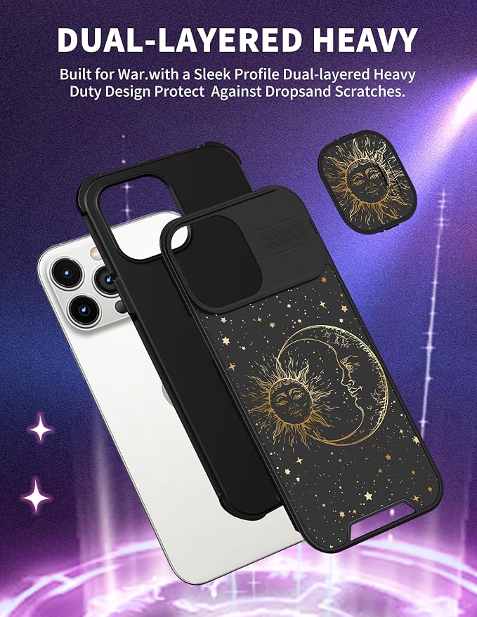 for iPhone 16 Pro Max Case - Women Cute Phone Cover Girly Pretty Unique Aesthetic Design Slide Camera Cover Protective Case for Apple for iPhone 16 Pro Max,Sun and Moon - Image 5