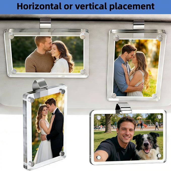 2 Pack Car Picture Holder, Clear Acrylic Magnetic Car Visor Photo Clip | Clear Anti-yellow Acrylic, Strong Magnets & Stable Metal Clip; Horizontal/Vertical Display, Personalized Car Picture Frame - Image 6