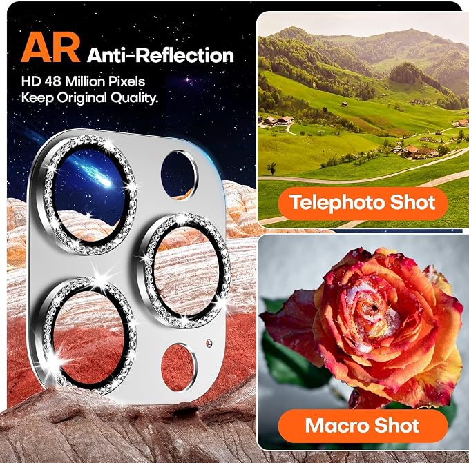 Camera Lens Protector for iPhone 16/15/14 Pro Max & 16/15/14 Pro | Silver Diamond, Aluminum Alloy, 9H+ Glass Camera Cover, Nano Reinforced Adhesive, Anti-Drop, Anti-Scratch, Case Friendly - Image 4
