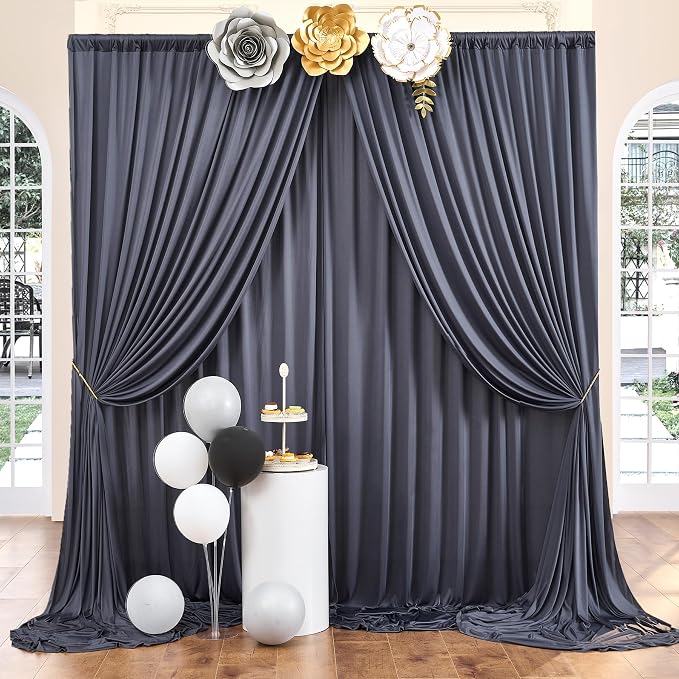 20ft x 10ft Wrinkle Free Charcoal Backdrop Curtain for Parties, 4 Panels 5x10ft Silky Polyester Photo Backdrop Drapes for Wedding Birthday Party Photography Background Backdrop Stand by ENJOYYOURPARTY