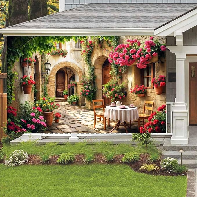 5X3ft Italian Theme Backdrop Italy Town Street Backdrop for Photography, Europe Village Town Landscape Photography Background Garden Tea Party Barnner Photo Studio Props, Color-3 - Image 2