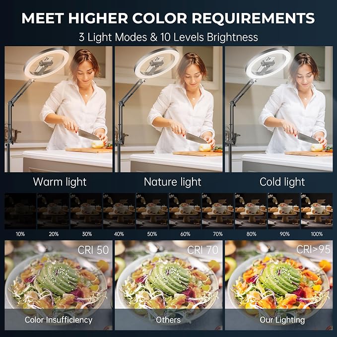 12" Ring Light with Stand Tripod for iPhone, Overhead Phone Camera Mount, Adjustable 72" Height Tripod Holder Floor, Phone Stand for Video Recording Filming Streaming Cooking TikTok YouTube, CRI >95 - Image 5