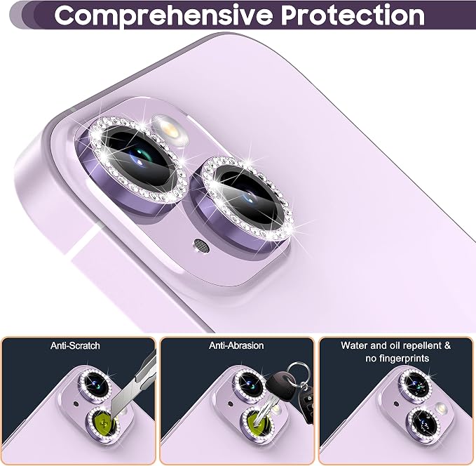 Suoman for iPhone 14 6.1 inch / 14 Plus 6.7 inch Camera Lens Protector, 9H Tempered Glass Film, [Does not Affect Night Shots] Metal Frosted Diamonds Independent Protective Cover- Diamond Purple - Image 4