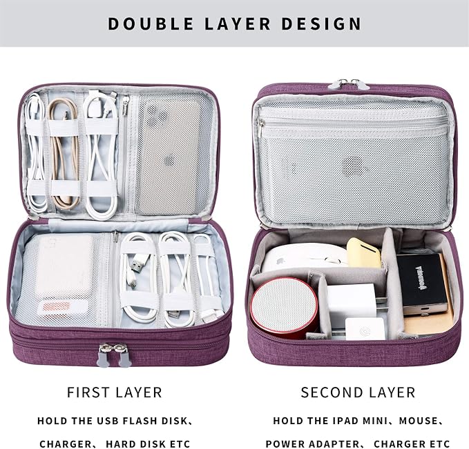 Mygreen Electronic Accessories Organizer Bag, Waterproof Double Layer Travel Storage Case with Adjustable Padded Dividers, Portable Hard Pouch for Cables, Charger, Power Bank, Phone, Hard Drive Purple - Image 5