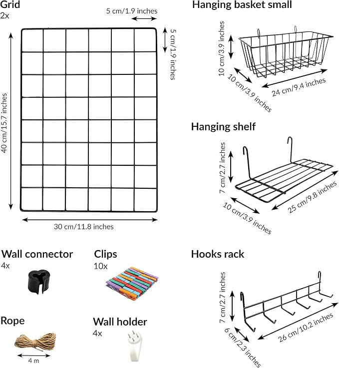 ODOXIA 2 Pack Wire Wall Grid Panel With Accessories | Includes Hanging Basket, Shelf & Hook Rack | Photo Grid Wall Panels | Hanging Home, Office & Kitchen Décor | Metal & Black - Image 3