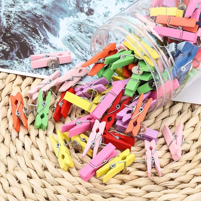 100Pcs Push Pin with Wooden Clips Tacks for Cork Board Artwork for Bulletin Board Crafts Arts Projects Photo Supplies(Colorful) - Image 7