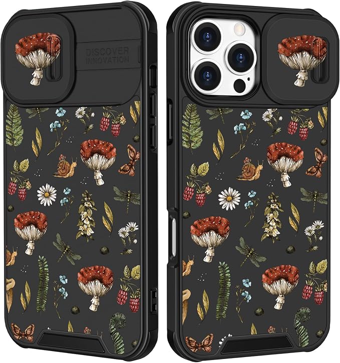 for iPhone 16 Pro Max Case - Women Cute Phone Cover Girly Pretty Unique Aesthetic Design Slide Camera Cover Protective Case for Apple for iPhone 16 Pro Max,Mushroom Floral by Goocrux