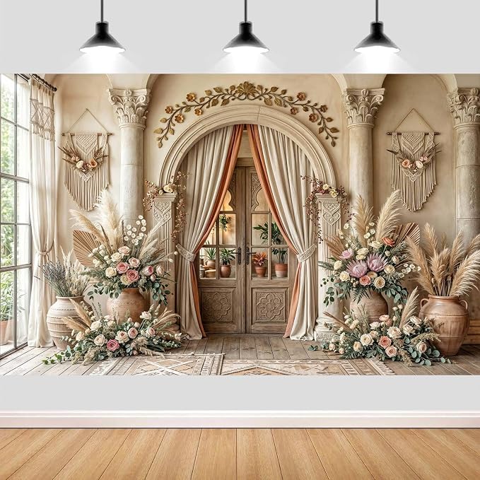 10X6.5ft Boho Floral Wedding Backdrop Retro Elegant Flowers Wall Photography Background Beige Vintage Wedding Bridal Shower Mother's Day Event Party Home Art Decor Portrait Photoshoot Props by JAWO