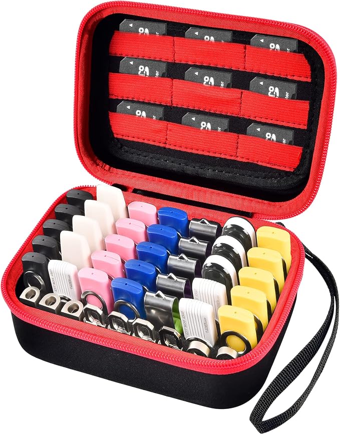 Comecase USB Flash Drive Case, Holds 44 USB Drives and 9 SD Cards | Pre-Cut Foam Fits Mixed Drive Sizes Flash Drive; EVA Shell Protects Data on the Go, Black+Red Zipper, Large, Case Only by COMECASE