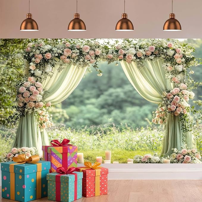 7X7ft Sage Green Floral Wall Backdrop Green Wedding Flower Arch Photography Background Spring Tea Party Backdrop Floral Girls Birthday Weeding Valentine's Day Mother's Day Event Banner Photo Props - Image 3