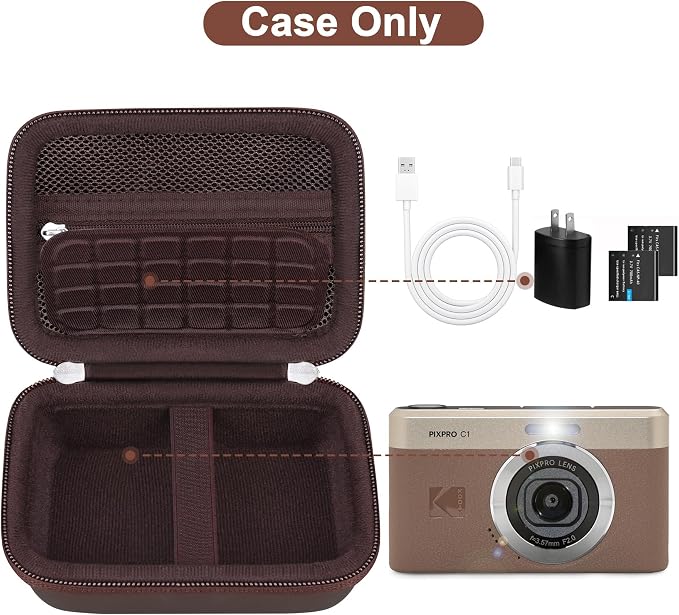 Canboc Carrying Case for KODAK PIXPRO C1 Friendly Zoom Digital Camera | For Canon PowerShot ELPH 360 HS A/ 360 HS/ 360/ IXY 650 Digital Camera, Mesh Pocket fit Cable, SD Card, Brown (Case Only) - Image 2
