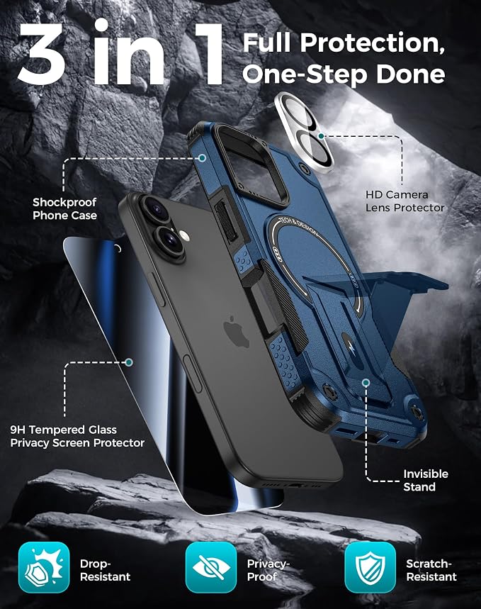 Goton 3 in 1 for iPhone 16 Plus Case with Privacy Screen Protector Blue | Glass Camera Lens Protector,Compatible for MagSafe,Invisible Kickstand, Shockproof Phone Cover for iPhone16 Plus - Image 3