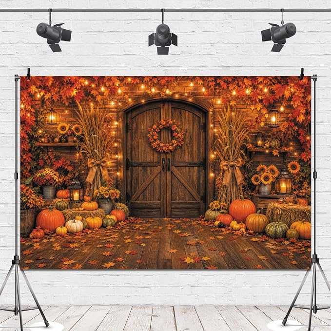Rustic Barn Wooden Door Fall Backdrop 12x10ft Brick Wall Maple Leaf String Light Thanksgiving Background Pumpkin Sunflower Haystack Harvest Autumn Famliy Party Decorations Vinyl - Image 4