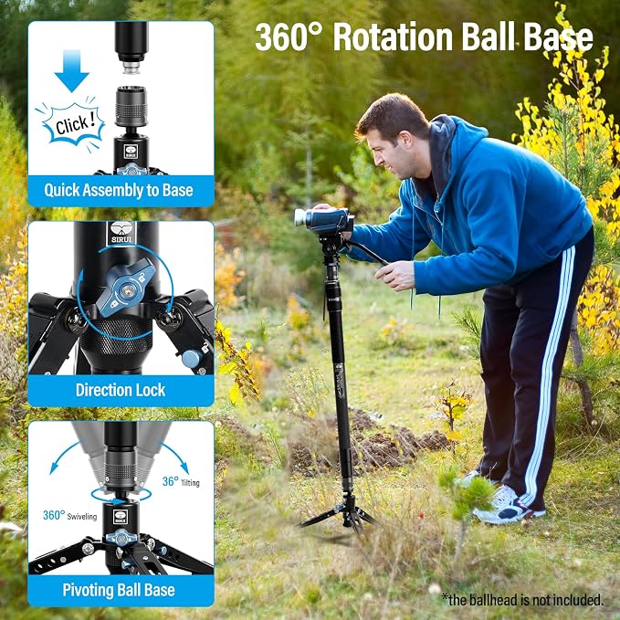SIRUI SVM-165 Carbon Fiber Camera Monopod with Feet, 68.7" Professional Lightweight Travel Monopod with Fluid Video Head for DSLR Camera, One-Step Height Adjustment, Modular, Max Load 22lbs - Image 5