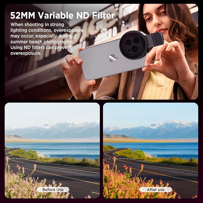 52mm Variable ND2-ND400 Filter with Upgraded Phone Clip, Neutral Density Filter Lens for iPhone 16/15/14/13 Pro Max Samsung Moto Google TCL, HD Double-Sided Multi-Coated Glass - Image 3
