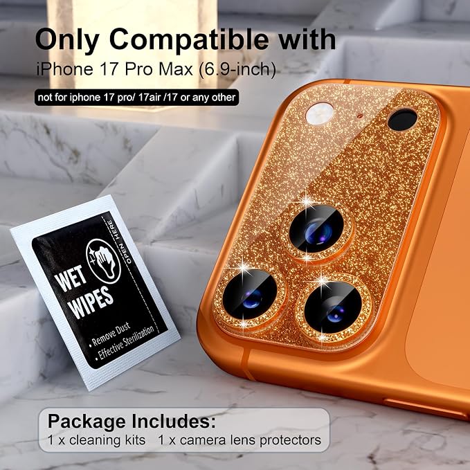 Choiche for iPhone 17 Pro Max Camera Lens Protector, Glitter-Orange | Bling Metal Camera Cover with 9H Tempered Glass Lens Screen Protector Accessories, Strong Adsorption, Case-Friendly, 6.9-inch - Image 2