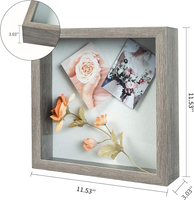 Muzilife 11x11 Shadow Box Picture Frame, 2.16 Deep, Real Glass,Texture Gray | FSC-Wood, Magnetic Door, Linen Interior & Pins, Vertical, Horizontal Wall Hanging, Display Case Frame for Photos & Keepsakes - Image 3