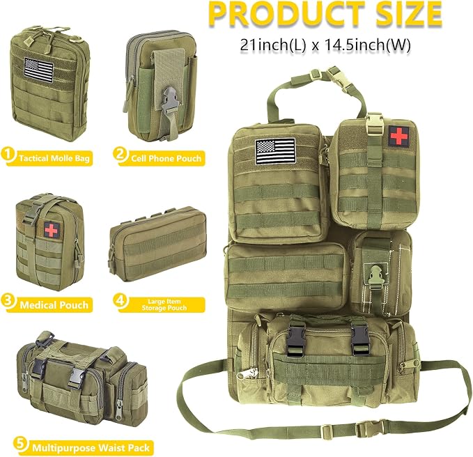 Universal Tactical Car Seat Back Organizer Bag Tactical Molle Vehicle Organizers Panel Vehicle Protector Organizers with 5 Detachable Pouches for Car Truck Ford Jeep (Army green) - Image 2