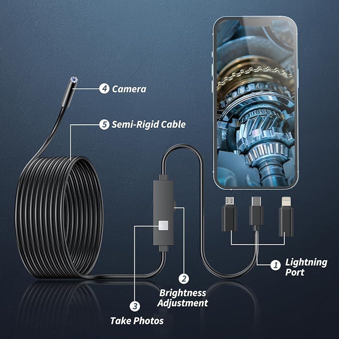 Endoscope Camera with Light,1920P HD Borescope Tools with 8 Adjustable LED Lights, Endoscope with Semi-Rigid Snake Camera, IP67 Waterproof Inspection Borescope for iOS and Android-32.8ft Single Lens - Image 2