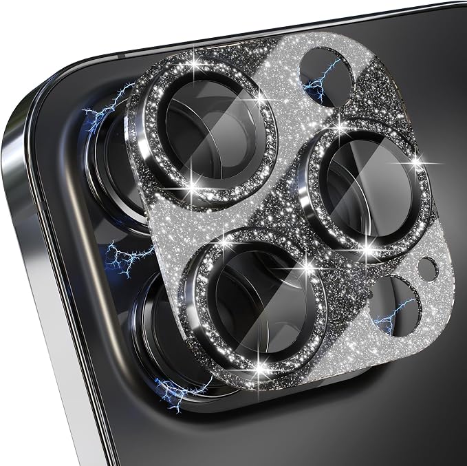 Choiche for iPhone 15 Pro/iPhone 15 Pro Max Camera Lens Protector | Bling Camera Cover with 9H Tempered Glass Lens Screen Protector Metal Ring Decoration Accessories (Glitter-Black) by Choiche