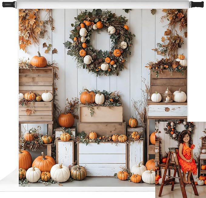 Kate Fall Backdrops White Background Autumn Party Decorations Pumpkins Thanksgiving Festival Photo Backdrop, 8x8ft by KateBackdropforPhotography
