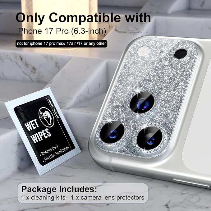 Choiche for iPhone 17 Pro Camera Lens Protector, Glitter-Silver | Bling Metal Camera Cover with 9H Tempered Glass Lens Screen Protector Accessories, Strong Adsorption, Case-Friendly, 6.3-inch - Image 2