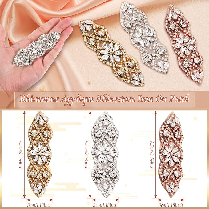 Jutom 4 Pieces Rhinestone Applique Rhinestone Iron on Patch Hot Fix Wedding Hair Appliques for Bridal Wedding Dress Clothes Sash Crystal Belt Sewing Shoes(Gold) - Image 2