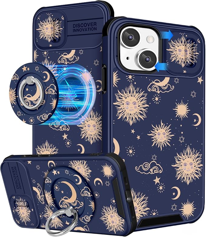 Buleens for iPhone 15 Plus Case 6.7 Inch - with Ring Stand & Camera Cover Aesthetic Cute Designed for Women Girls Sun Moon Stars for iPhone 15 Plus Phone Case Compatible with Magsafe by Buleens