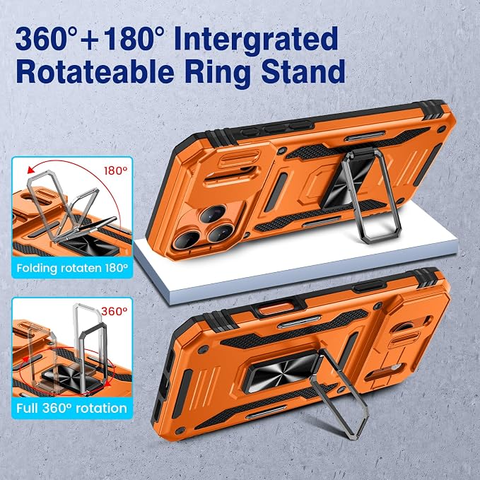 VEGO for iPhone 17 Pro Max Case with Slide Camera Cover and Kickstand | Privacy Tempered Glass Screen Protector & Ring Kickstand Military Grade Protection Cover for iPhone 17 ProMax - Orange - Image 4