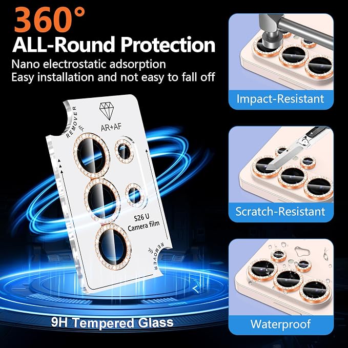 for Samsung Galaxy S26 Ultra Camera Lens Protector, Individual Metal Ring Tempered Glass Lens Cover, [Strong Adsorption] Scratch Resistant Ultra-Thin HD Clear Lens Cover, 1 Set-Orange Diamond - Image 2