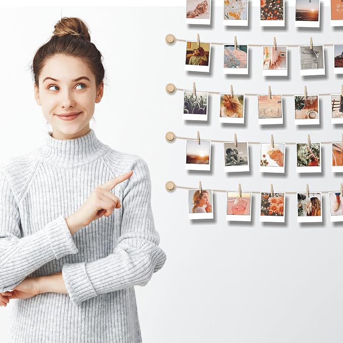 Hanging Photo Display Room Wall Decor - Sculptural Picture Frames Collage - 5 Strings with 30 Clips - 3M Self Adhesive Hooks - No Holes Drilling - 30 x 30 inch - Image 5